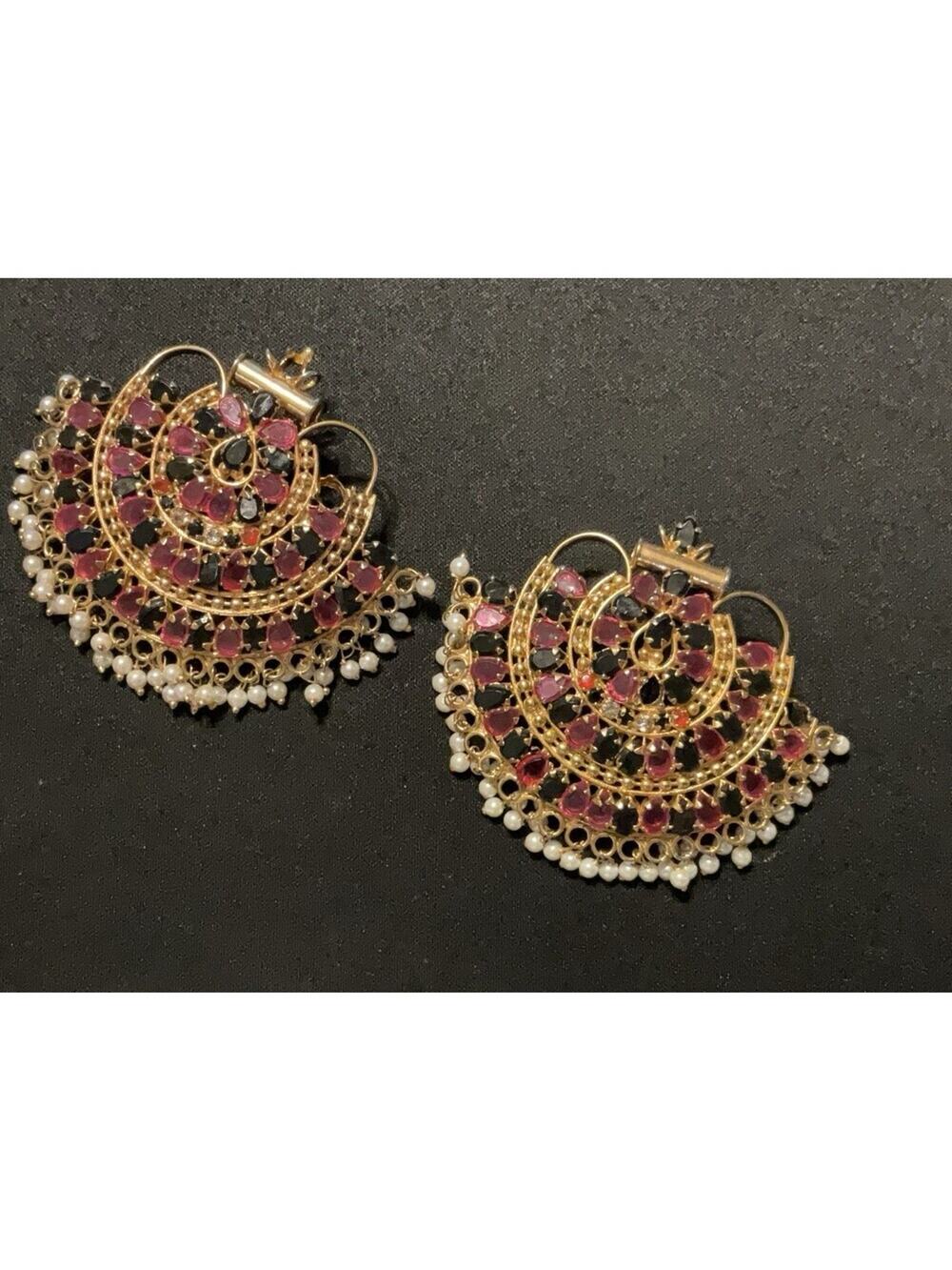 1 Pair Gold Plated Temple Jewlery Pink & Black W/ Pearl Droplets Pins